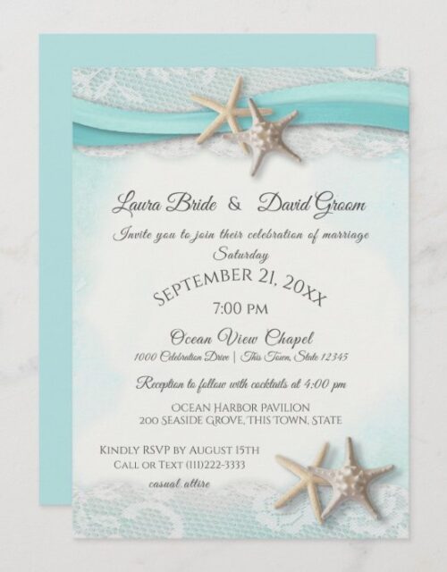 Starfish Tropical Vintage Beach Turquoise Wedding Invitation