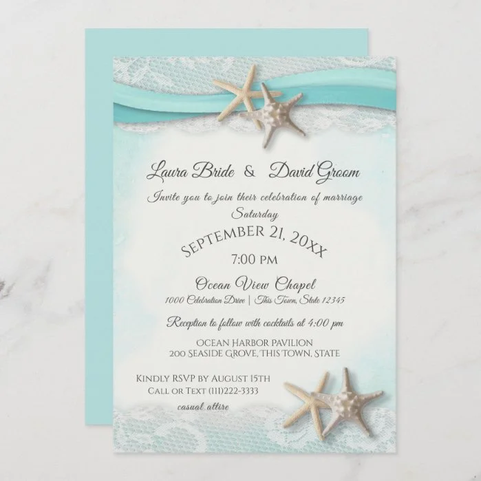 Starfish Tropical Vintage Beach Turquoise Wedding Invitation