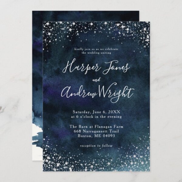 Starry Night Navy Blue Silver Glitter Wedding Invitation