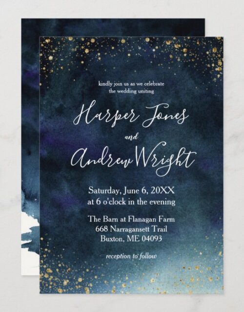 Starry Night Navy Gold Watercolor Wedding Invitation