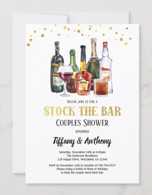 Stock The Bar Couples Shower White & Gold Invitation