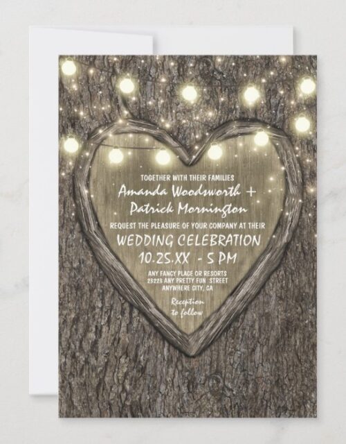 String Lights + Oak Tree Bark Wedding Invitations