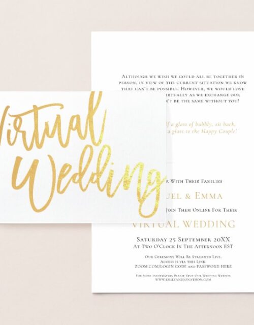 Stylish Script Typography Virtual Wedding Gold Foil Card