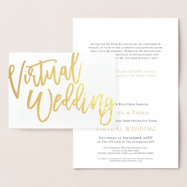 Stylish Script Typography Virtual Wedding Gold Foil Card