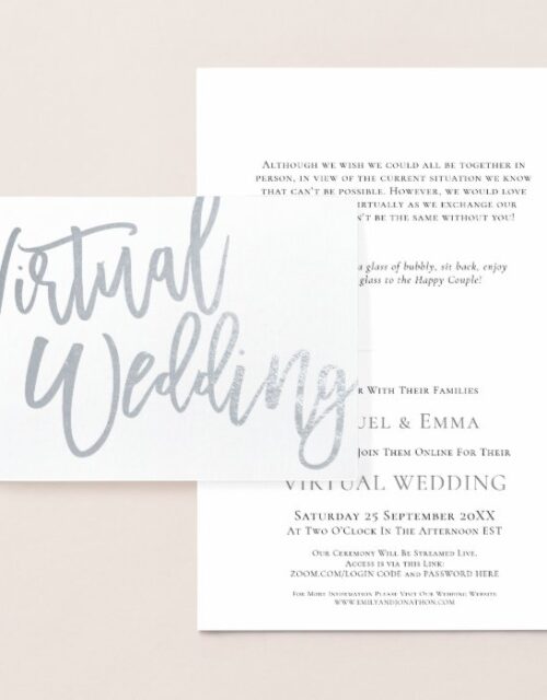 Stylish Script Typography Virtual Wedding Silver Foil Card