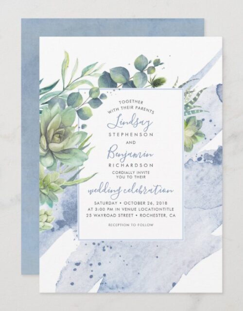 Succulents Greenery Dusty Blue Elegant Wedding Invitation
