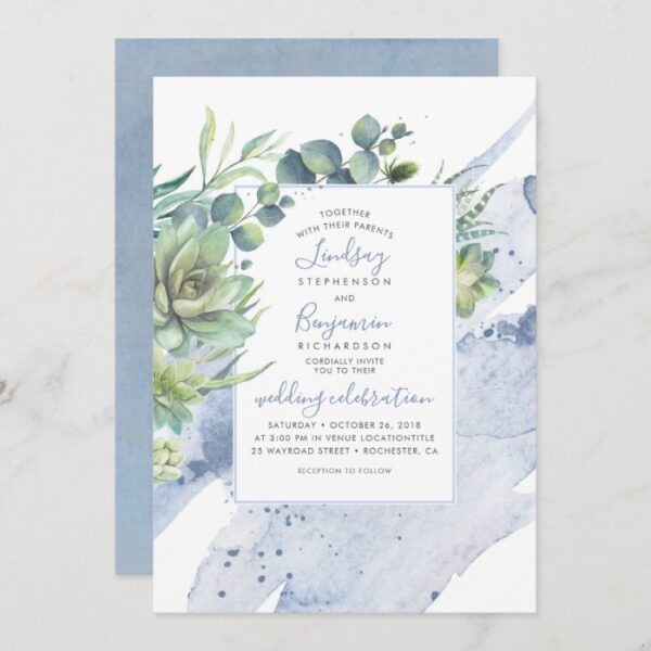 Succulents Greenery Dusty Blue Elegant Wedding Invitation