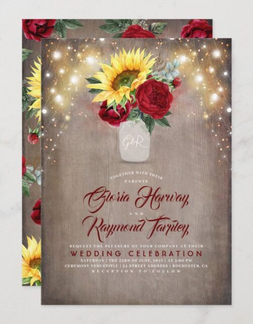 Sunflower and Burgundy Rose Mason Jar Fall Wedding Invitation