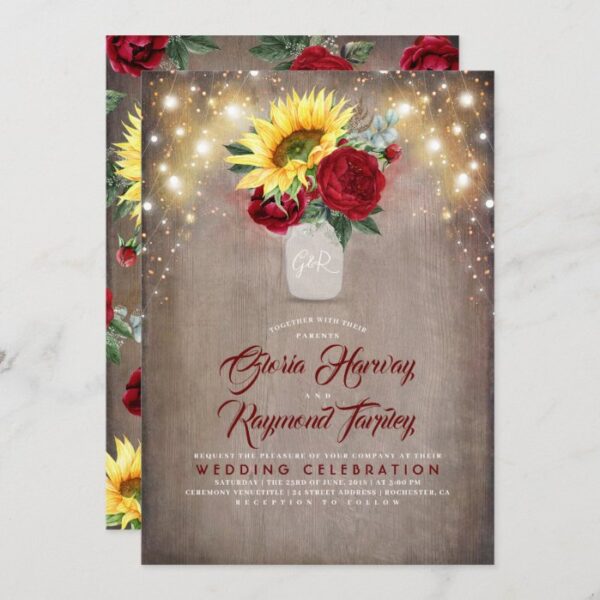 Sunflower and Burgundy Rose Mason Jar Fall Wedding Invitation