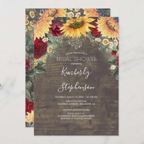 Sunflower and Burgundy Rose Rustic Bridal Shower Invitation