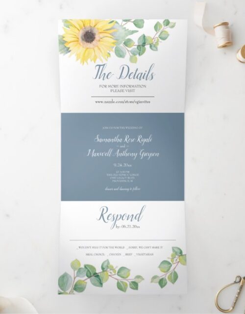 Sunflower and Eucalyptus All In One Wedding Invite