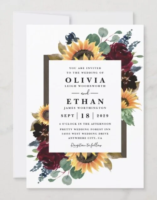 Sunflower and Roses Burgundy Red Navy Blue Wedding Invitation