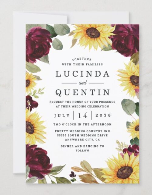 Sunflower and Roses Burgundy Red Rustic Wedding Invitation