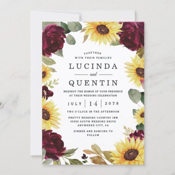 Sunflower and Roses Burgundy Red Rustic Wedding Invitation