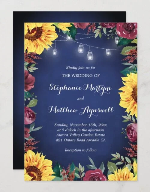 Sunflower Burgundy Rose Jar Lights Navy Wedding Invitation