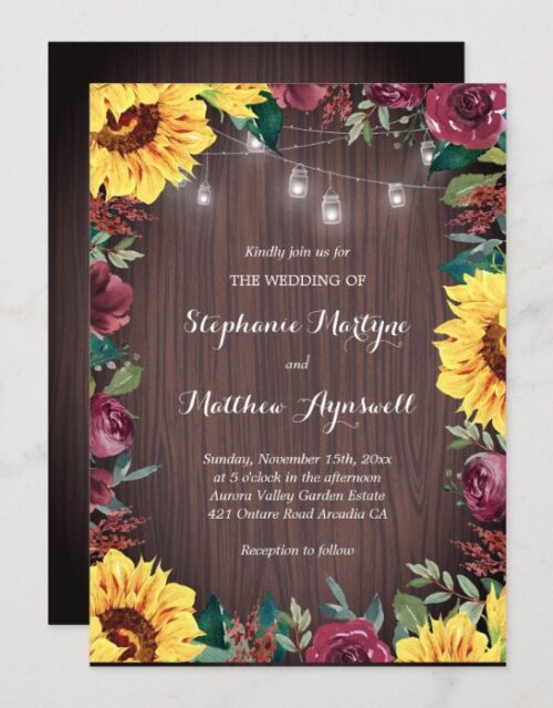Sunflower Burgundy Rose Wood Jar Lights Wedding Invitation