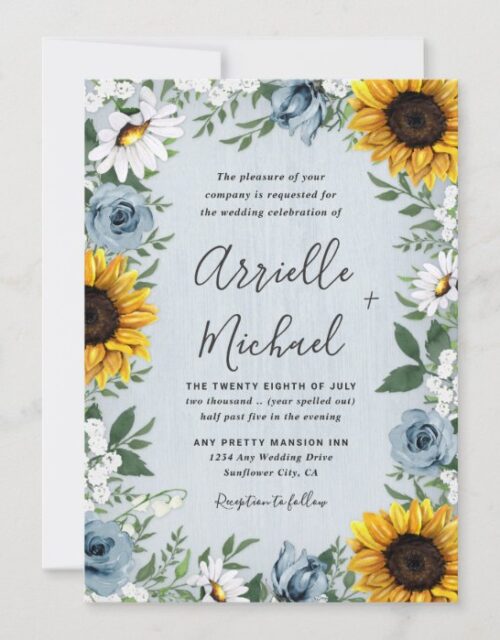 Sunflower Dusty Blue Country Rustic Roses Wedding Invitation