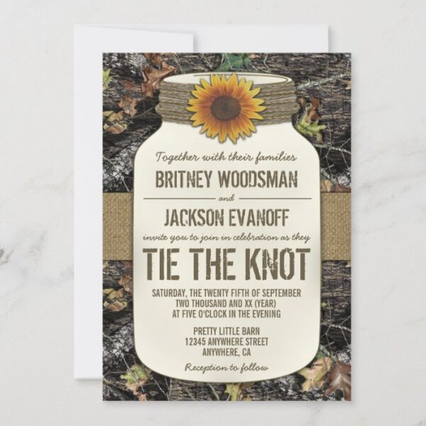 Sunflower Mason Jar Camo Wedding Invitations