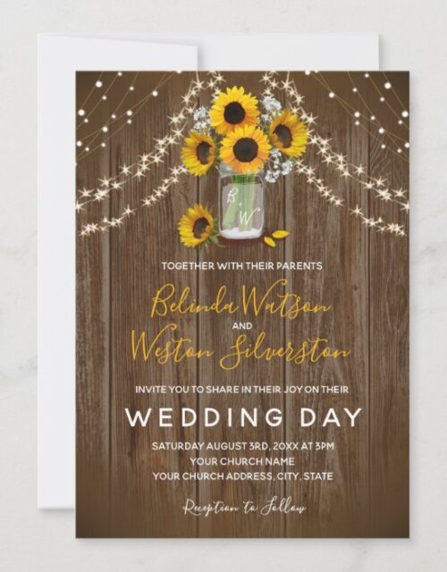 Sunflower Mason Jar Rustic Barn Wood Wedding Invitation