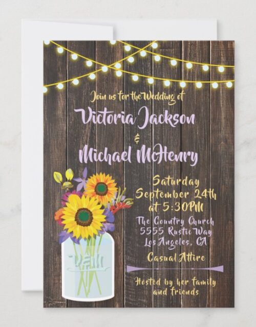 Sunflower Mason Jar Rustic Wood Wedding Invitation