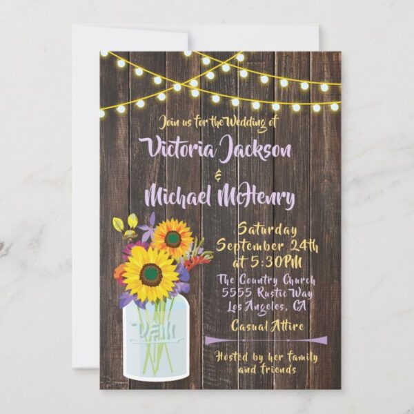 Sunflower Mason Jar Rustic Wood Wedding Invitation