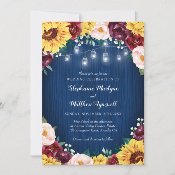 Sunflower Navy Mason Jars Floral Wedding Invitation