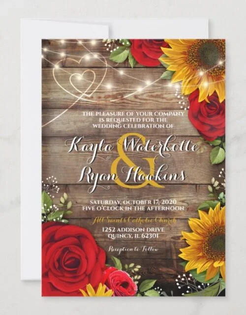 Sunflower & Roses Rustic Wood Lights Invitation