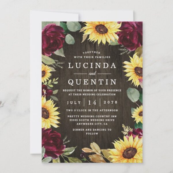 Sunflower Themed and Burgundy Red Rose Wedding Invitation
