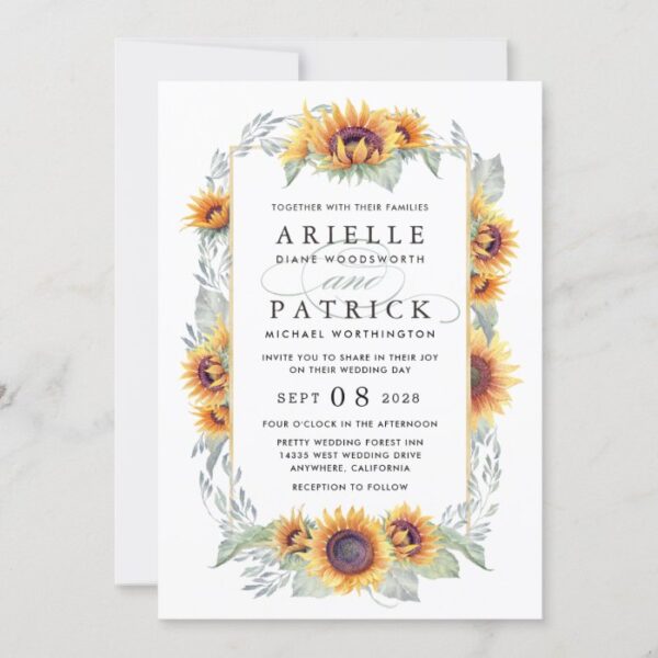 Sunflower Vintage Watercolor Wedding Invitations