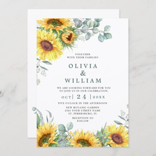Sunflowers Eucalyptus Watercolor Rustic Wedding Invitation
