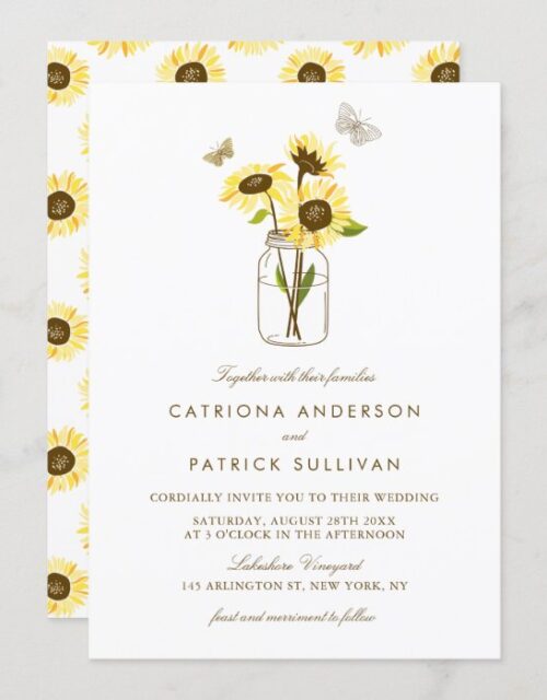 Sunflowers in Mason Jar Country Rustic Wedding Invitation