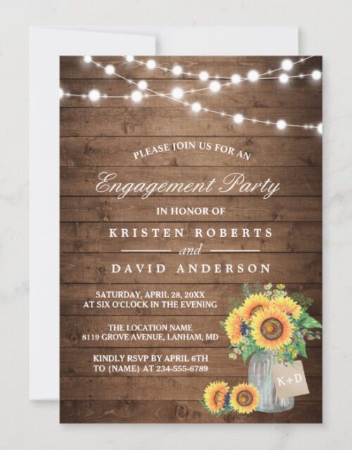 Sunflowers Mason Jar Rustic Wood Engagement Party Invitation