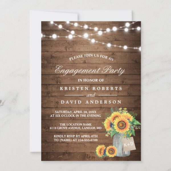 Sunflowers Mason Jar Rustic Wood Engagement Party Invitation