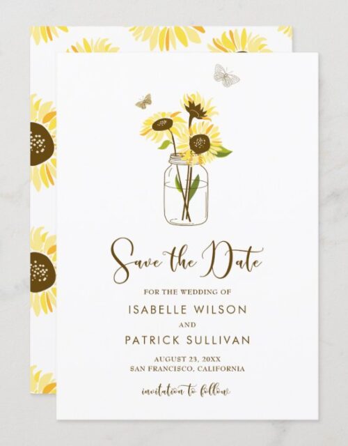 Sunflowers on Mason Jar Save the Date Announcement