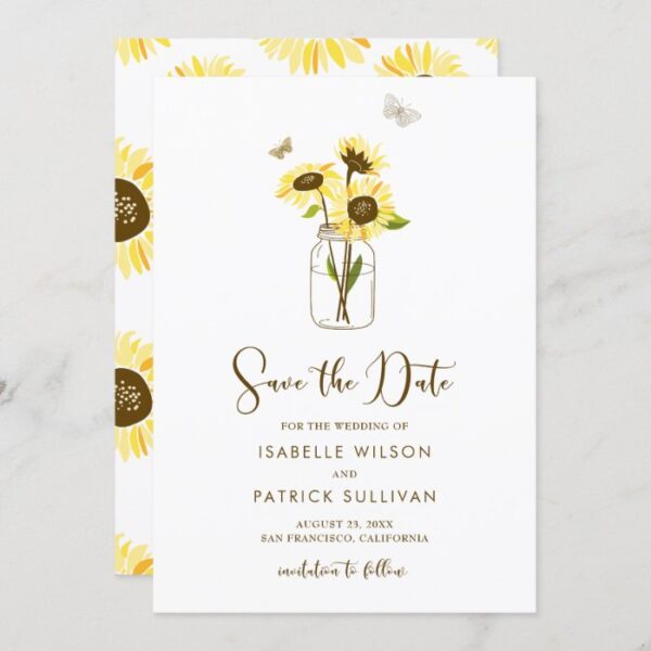 Sunflowers on Mason Jar Save the Date Announcement