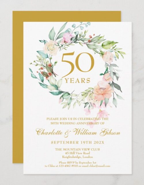 Sweet Summer Roses Garland 50th Anniversary Invitation
