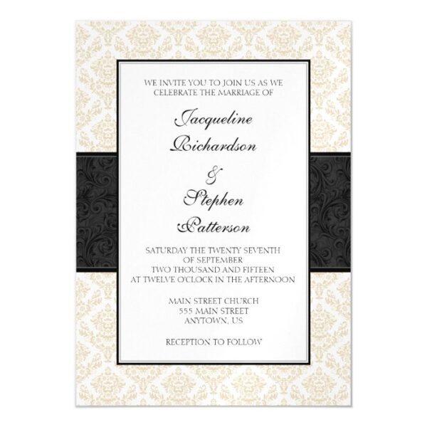 Tan Beige Black Damask Magnetic Wedding Invites