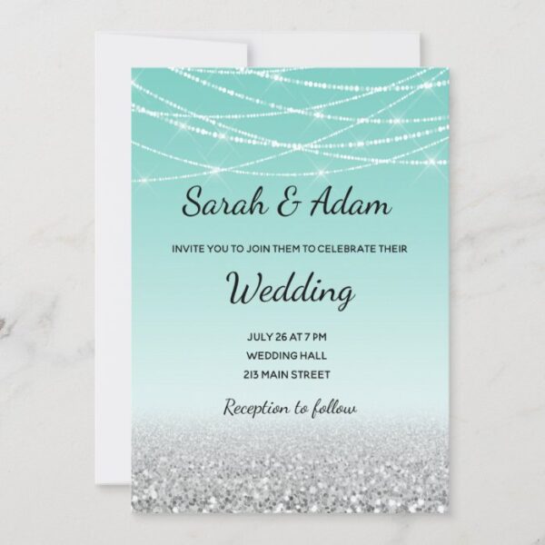 Teal and Silver Glitter Wedding Invitation
