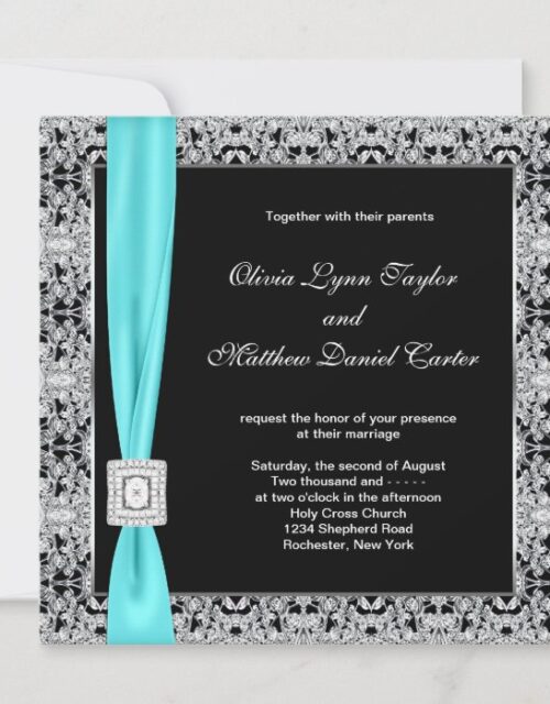 Teal Blue Black and Silver Wedding Invitation
