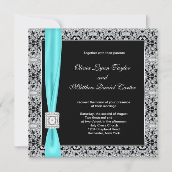 Teal Blue Black and Silver Wedding Invitation