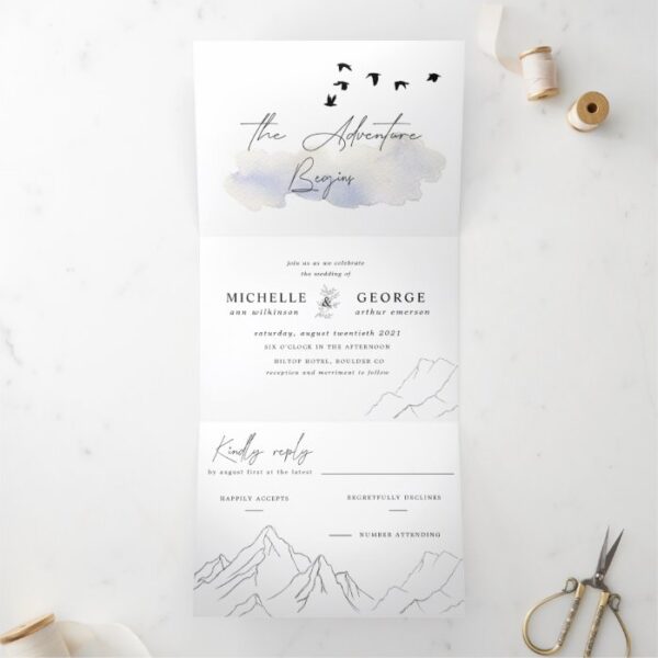 the adventure begins elegant wedding Tri-Fold invitation
