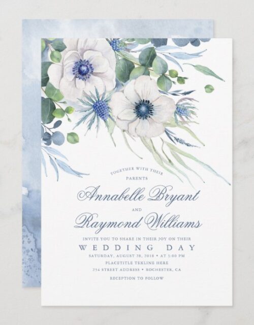 Thistle Anemone Greenery Dusty Blue Wedding Invitation