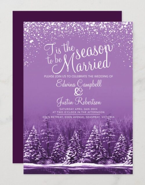Tis the season winter wedding purple pine lake invitation