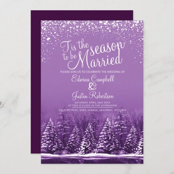 Tis the season winter wedding purple pine lake invitation