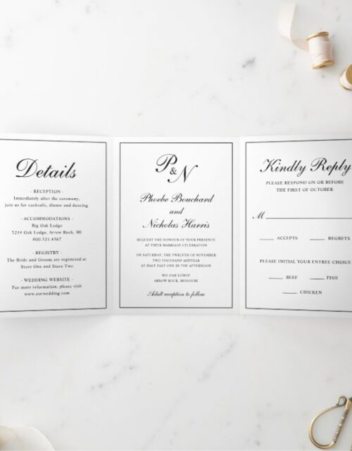 Traditional Black White Monogram Formal Wedding Tri-Fold Invitation