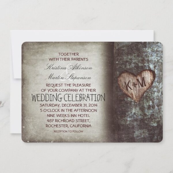 Tree Carved Heart Rustic and Vintage Wedding Invitation