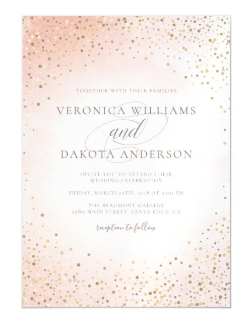 Trendy Gold Confetti & Pink Watercolor Wedding Magnetic Invitation