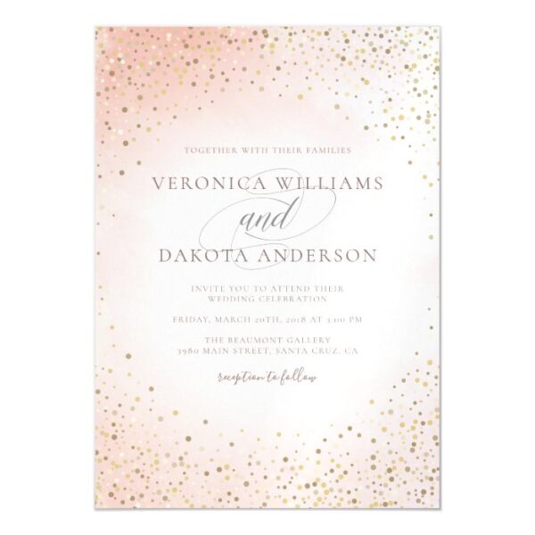 Trendy Gold Confetti & Pink Watercolor Wedding Magnetic Invitation
