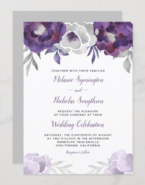 Trendy Purple Silver Floral wedding invite 3963