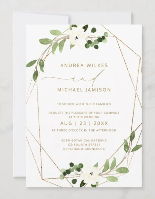 Trendy Wedding Invite Geometric Greenery Faux Foil